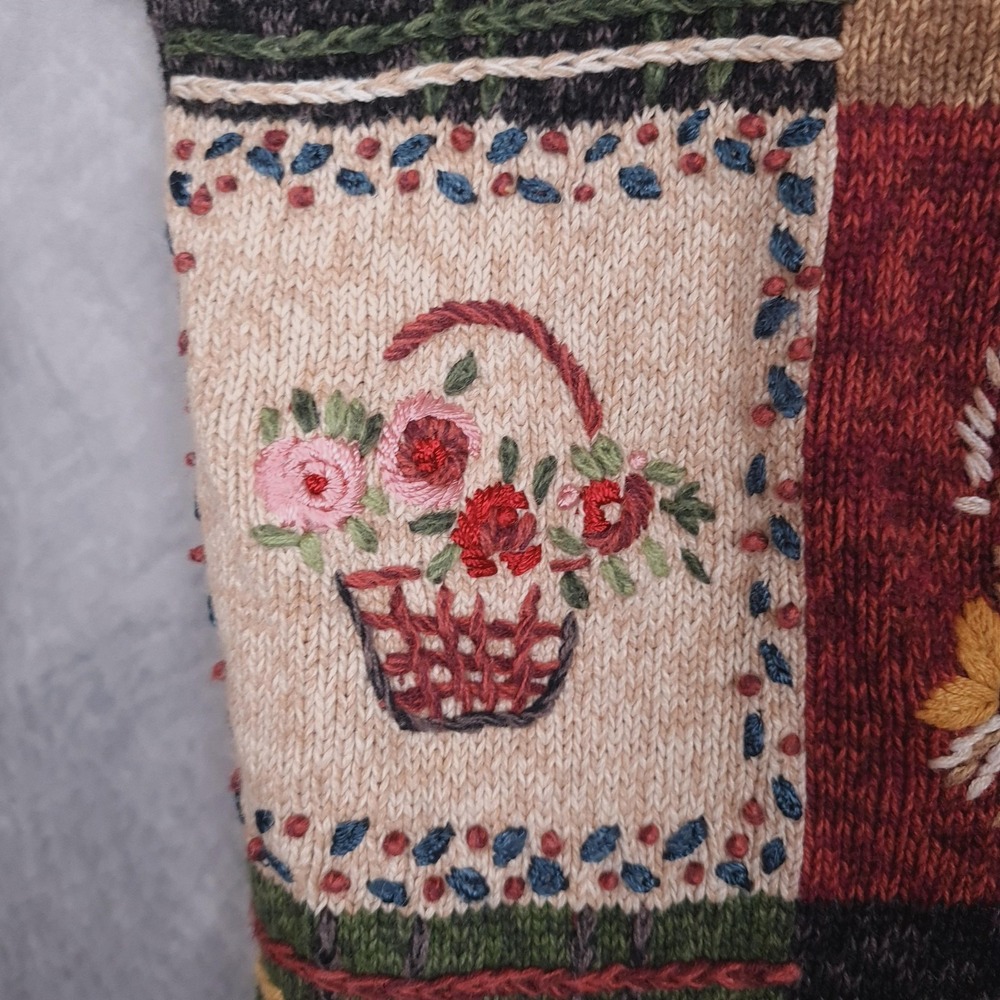 Handknit Country Cardigan Sweater Womens Large Farm Flower Rooster Sunflower - Picture 5 of 16